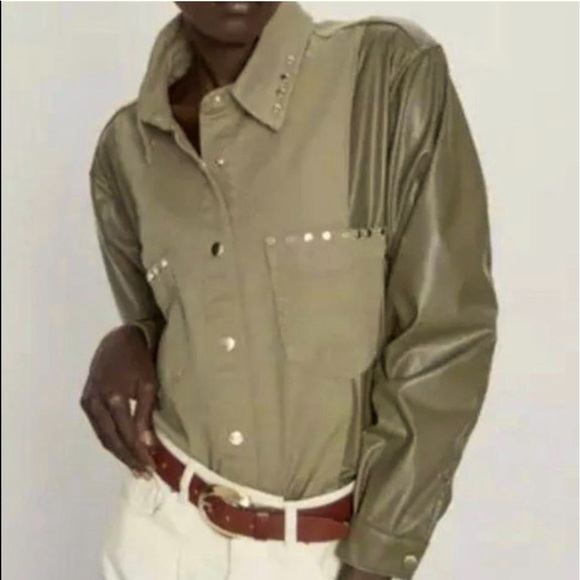 Zara Green XS Contrast Faux Leather Studded Jacket - Picture 1 of 10
